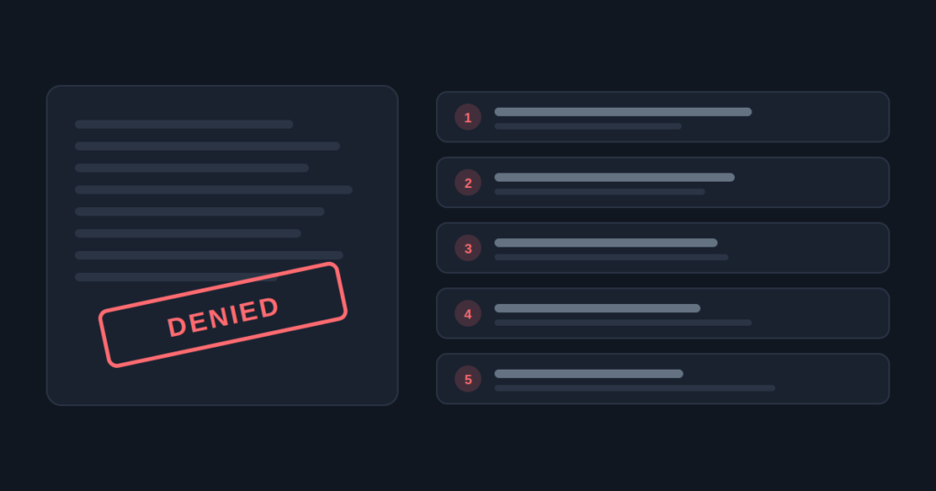 A reconsideration request stamped denied, beside the five reasons that account for almost every denial