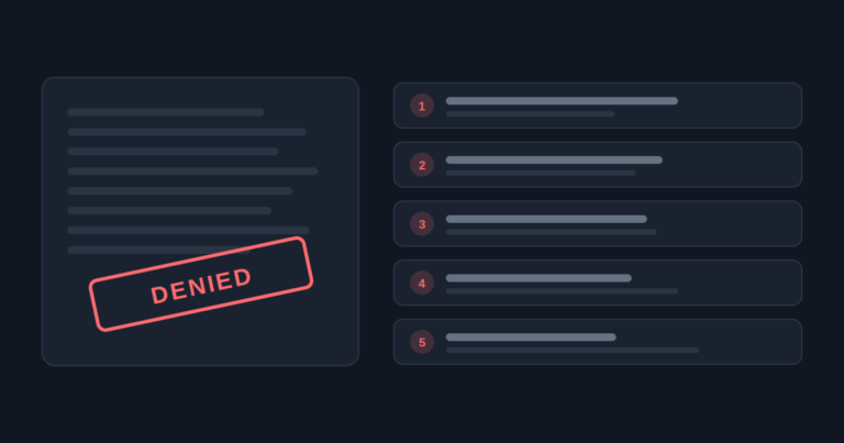 A reconsideration request stamped denied, beside the five reasons that account for almost every denial